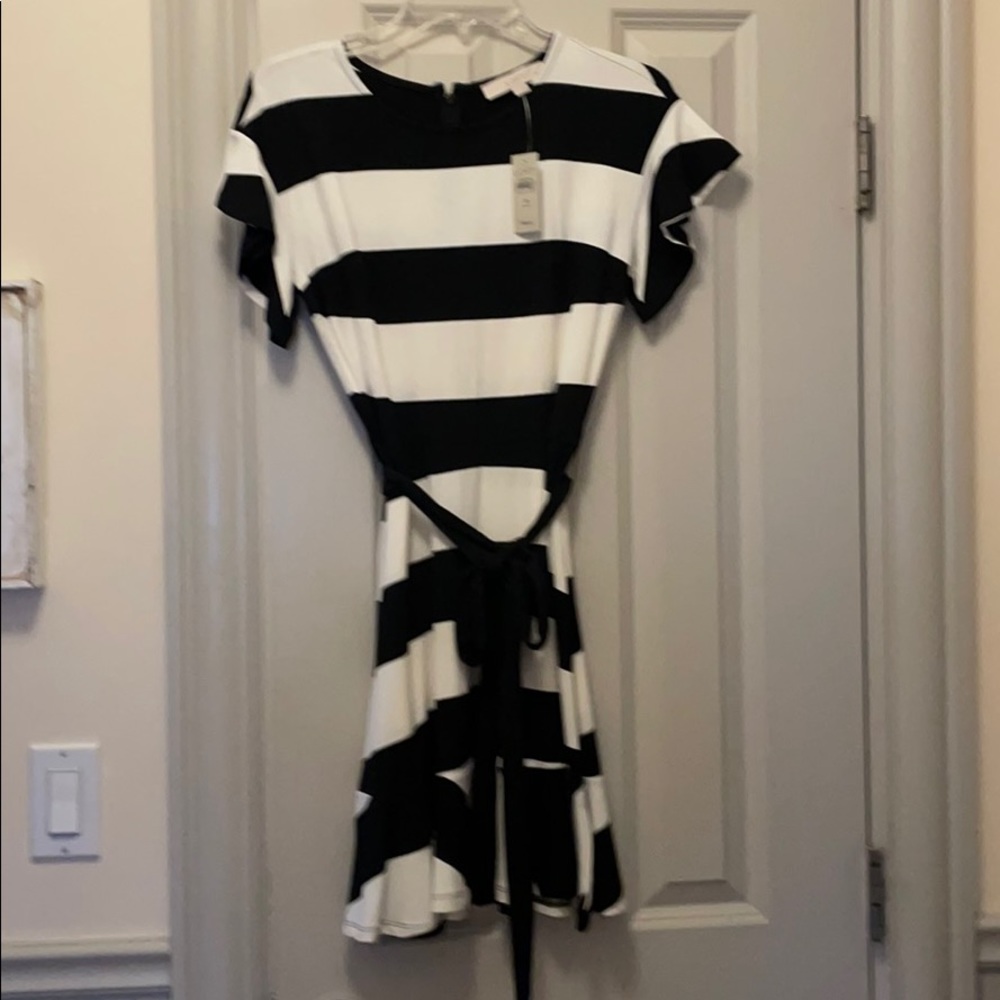 LOFT Black and white striped dress with belt